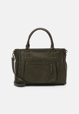 Dark green leather handbag with dual handles, front zipper pocket, and detachable shoulder strap on a white background.