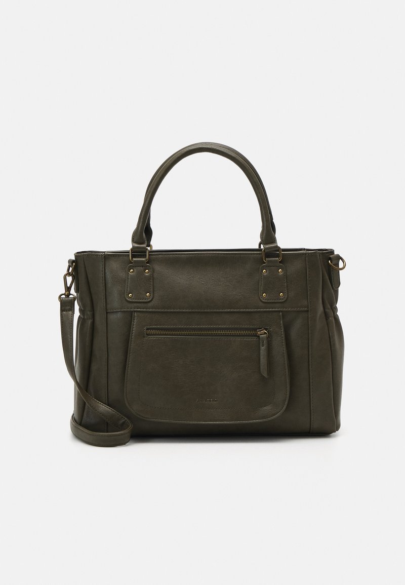 Sac à main en cuir vert foncé avec double poignée, poche zippée à l'avant et bandoulière amovible sur fond blanc.