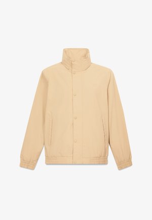 Beige lichtgewicht jas met opstaande kraag, drukknoopsluiting aan de voorkant, zijzakken en elastische boorden en zoom.