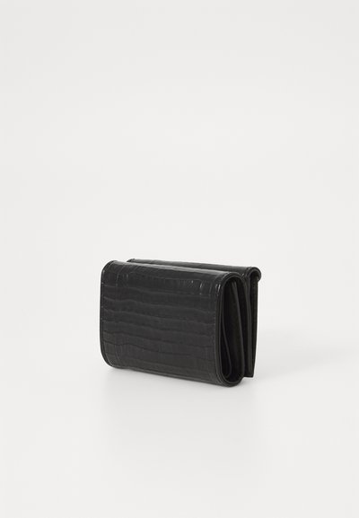 Black textured wallet with a crocodile pattern, made of synthetic material. Compact rectangular shape, features a fold-over design.
