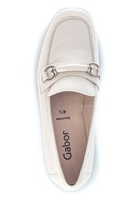 Light beige loafers with a smooth leather texture, a rounded toe, and a decorative silver buckle detail across the top. Brand name "Gabor" inside.