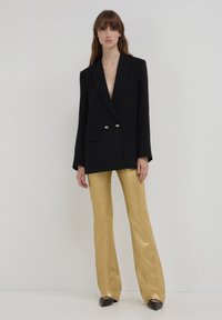 Blazer nero doppiopetto con hardware argentato, abbinato a pantaloni a vita alta dorati svasati in un tessuto lucido. Scarpe a punta nere.
