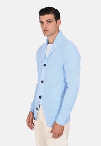 Cardigan lavorato a maglia azzurro chiaro con colletto a scialle, texture a coste e bottoni neri, indossato sopra una camicia bianca e abbinato a pantaloni beige.