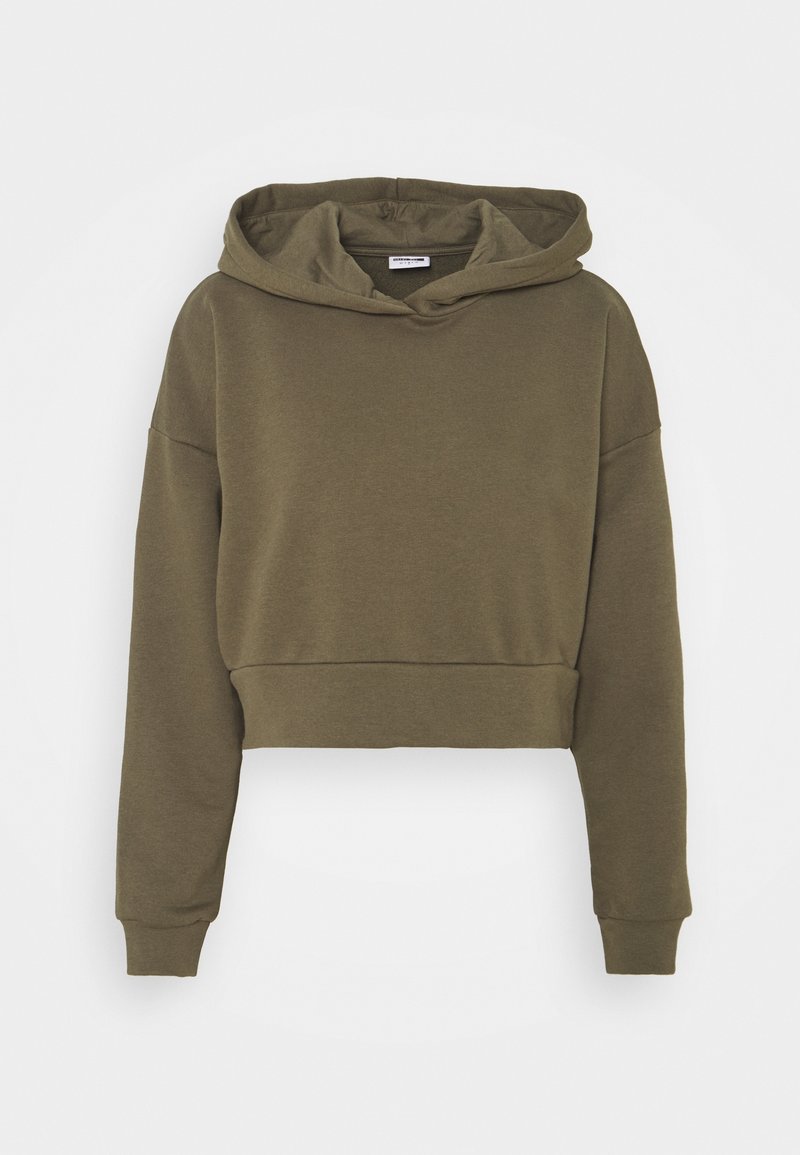 Sweatshirt olive crop avec capuche, manches longues et poignets côtelés. Fabriqué en tissu doux et texturé, avec une coupe décontractée.