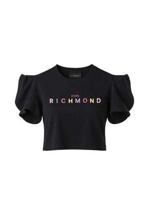 T-shirt nera corta con maniche corte a sbuffo e testo del logo "John Richmond" multicolore centrato sul davanti.