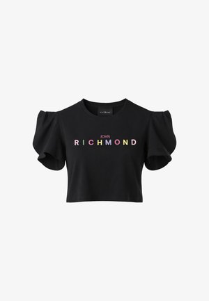 T-shirt nera corta con maniche corte a sbuffo e testo del logo "John Richmond" multicolore centrato sul davanti.