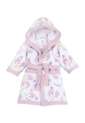 Dziecięcy szlafrok z puszystego białego materiału z pastelowymi wzorami jednorożców i kwiatów. Różowe wykończenia, kaptur, pasek do zawiązywania i dwie przednie kieszenie.