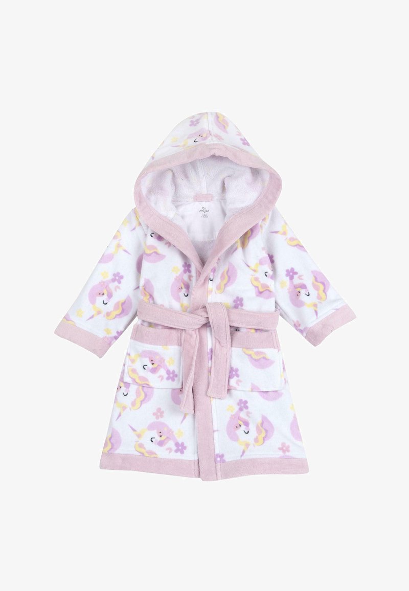 Peignoir pour enfant en tissu blanc duveteux avec des motifs de licornes et de fleurs pastel. Finition rose, capuche, ceinture à nouer et deux poches à l'avant.