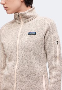 Άτομο που φορά ένα ανοιχτό μπεζ fleece μπουφάν Patagonia με πλήρη φερμουάρ, ψηλό γιακά και τσεπάκι με φερμουάρ στο επάνω αριστερό μανίκι.