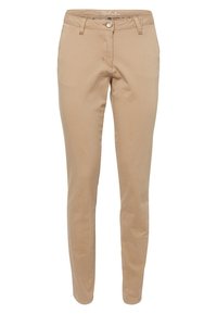 Béžové bavlněné kalhoty s úzkým střihem, s předním zapínáním na knoflík, s poutky na opasek a standardními kapsami na bocích a vzadu.