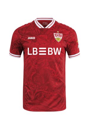 Maillot de sport rouge avec col blanc et bordure aux manches, arborant le logo LB BW, la marque JAKO et le blason du club de football de Stuttgart avec une étoile dorée.