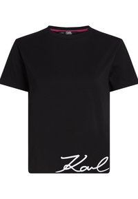 Czarny bawełniany t-shirt o luźnym kroju, okrągłym dekolcie i krótkich rękawach. Na dole po lewej stronie znajduje się białe, podpisowe liternictwo.