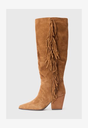 Bottines en daim marron à hauteur de genou avec des franges sur le côté, bout pointu et talon épais. Texture lisse et couleur uniforme sur l'ensemble.