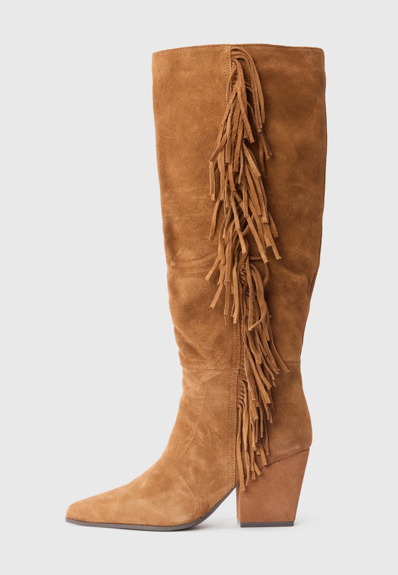 Brown suede knee-high boot with fringe detail along the side, pointed toe, and chunky heel. Smooth texture and consistent color throughout.