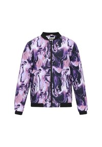 Bomber jacket marmorizzato viola e rosa con zip frontale, polsini e vita a coste neri. Tessuto liscio e leggero con un design moderno.