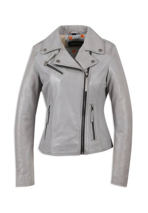 Veste de moto en cuir gris avec un design ajusté, zipper asymétrique à l'avant et deux poches latérales zippées. Dotée d'un col avec pressions.