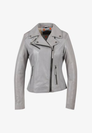 Graue Leder-Motorradjacke mit tailliertem Design, asymmetrischem Frontreißverschluss und zwei seitlichen Reißverschlusstaschen. Mit Druckknopfkragen.