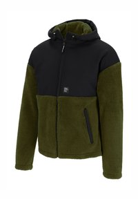 Hoodie mit schwarzem Oberteil und olivgrünem Fleece-Unterteil. Verfügt über einen Reißverschluss, Seitentaschen und einen strukturierten Fleece-Stoff.