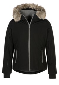 Zwarte jas met een afneembare grijze nepbont gevoerde capuchon, voorrits, twee zijzakken, ribbed cuffs en een licht gebogen zoom.
