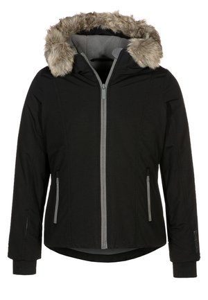 Zwarte jas met een afneembare grijze nepbont gevoerde capuchon, voorrits, twee zijzakken, ribbed cuffs en een licht gebogen zoom.
