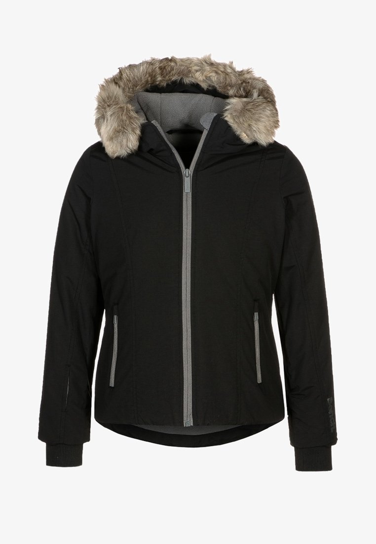 Sort jakke med en aftagelig grå faux fur-foret hætte, frontlynlås, to sidelommer, ribbede manchetter og en let buet kant.
