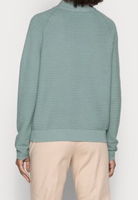 Osoba ubrana w ryflowany miętowy sweter i beżowe spodnie, pokazana od tyłu na jednolitym jasnym tle.