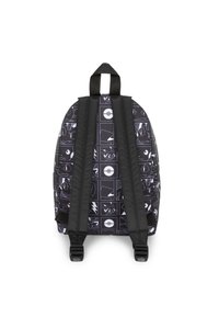 Black fabric backpack with graphic prints. Rounded shape, flat shoulder straps, and top handle. Patterns include various cartoon elements and icons.