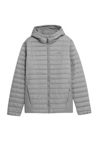 Veste matelassée grise avec capuche, dotée d'une fermeture éclair frontale, d'une texture matelassée et de poches latérales. Matière légère, adaptée aux temps frais.