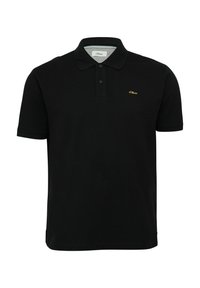 Zwart poloshirt van katoen, met een knoopsluiting met drie knopen, korte mouwen en een klein gouden logo op de linkerborst.