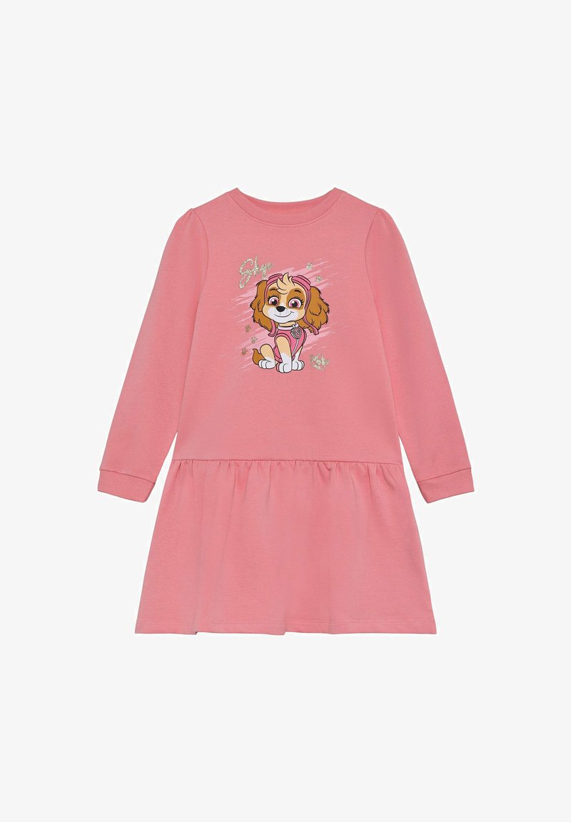 Langärmliges pinkes Kleid aus Baumwolle mit einem Hunde-Graphic auf der Brust und einem gerafften Rock. Weicher Stoff, runder Ausschnitt und gerüschte Ärmel.