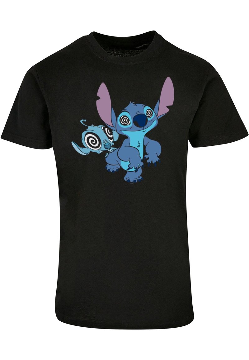 Zwarte katoenen t-shirt met een cartoonontwerp van twee blauwe karakters met spiraaloogen. Korte mouwen en standaard crew neck stijl.
