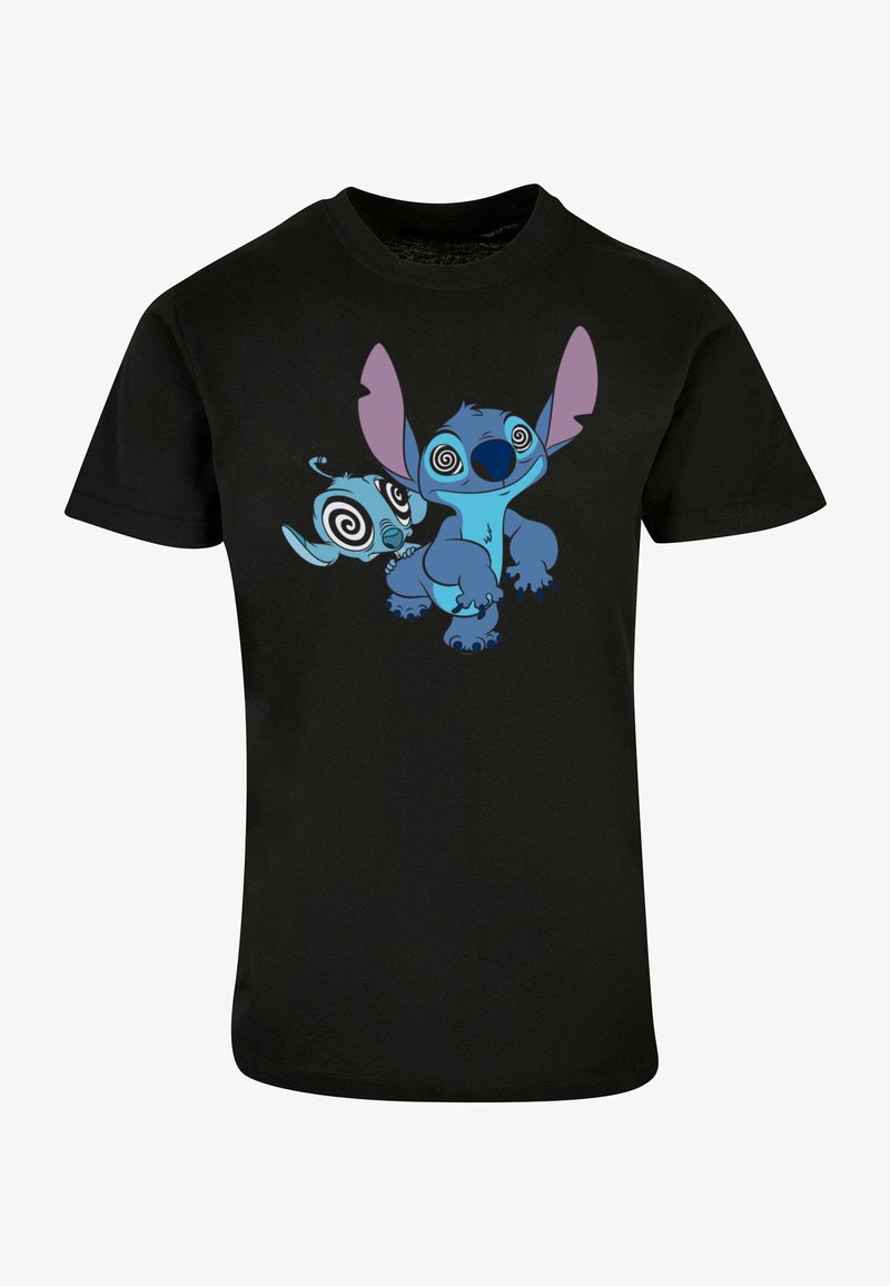 Zwarte katoenen t-shirt met een cartoonontwerp van twee blauwe karakters met spiraaloogen. Korte mouwen en standaard crew neck stijl.