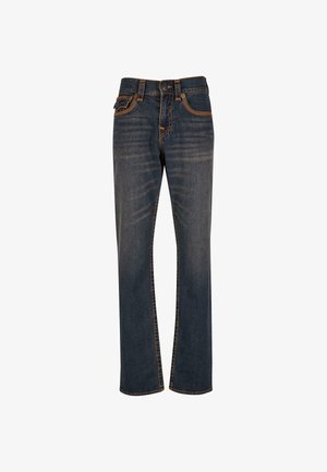 Tume sinine denimist teksad sirge sääre disainiga, kontrastsete õmblustega, esikottide ja nööbiga sulgemisega. Kergelt pleekinud, et anda kulunud välimus.