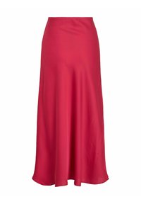 Rødt sateng maxi skjørt med en jevn tekstur, flaggermus-skjørtkant og en tilpasset høy midje, designet for et elegant fall og flyt.