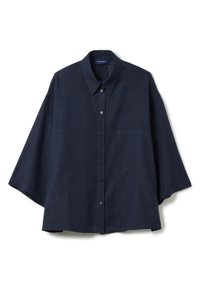 Dark blue short-sleeve button-up shirt made from lightweight fabric, featuring a pointed collar and two front pockets.