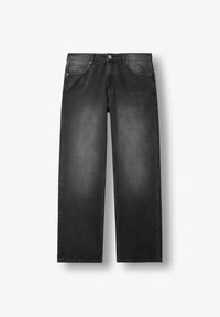 Sorte denim straight-leg jeans med en falmet overflade, der har fem lommer, bæltestropper og en enkelt knaplukning.