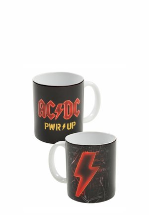 Black ceramic mug with white handle, featuring red and yellow AC/DC logo and "PWR UP" text on one side, and red lightning bolt design on the other.