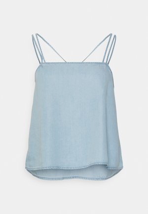 Top de alças azul-claro, com alças finas ajustáveis, corte relaxado e uma barra ligeiramente curva. Feito de um tecido suave e liso.