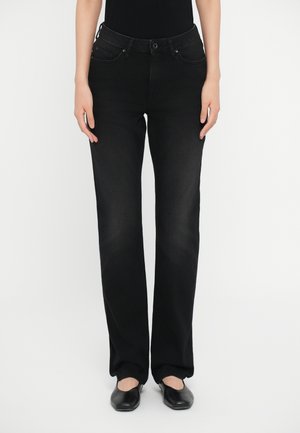 Zwarte denim jeans met een recht figuur, vijf zakken en subtiele stiksels. Gladde textuur met een klassiek ontwerp.