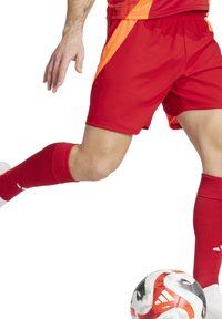 Rote Sportshorts mit orangefarbenen Akzenten, roten knielangen Socken und einem schwarz-weißen Fußball mit orangefarbenen Details.