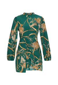 Zöld hosszú ujjú miniruha arany lánc-, bojtos és kötélmintákkal, összegyűrt derékkal, magas nyakkivágással és hátul cipzárral.