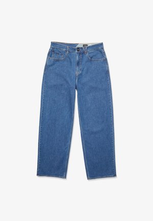 Blå jeans i denim med rak passform, fem fickor, förstärkt sömnad och knappknäppning i midjan. Etikett synlig på baksidan.