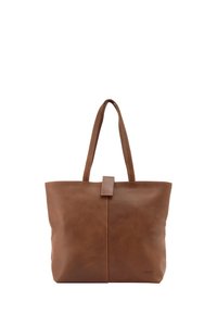 Brūna ādas rokassoma ar diviem lencēm un centrālu aizdari, gluda tekstūra un smalks zīmola logotips apakšējā labajā stūrī.