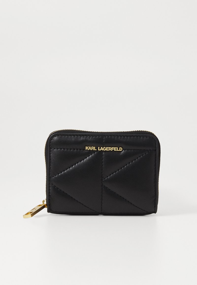 Black leather wallet with a quilted design, featuring a gold zipper and logo on the front. Compact and rectangular shape.