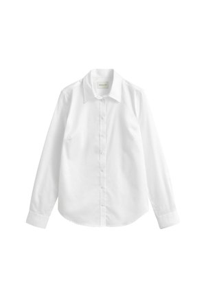 Chemise blanche à manches longues avec col pointu, poignets boutonnés et ourlet droit, présentée sur un fond uni.