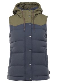 Fodrad väst med huva, i marinblå och olivgrön färg, med tryckknappar och sidofickor. Slät textur och quiltat mönster.