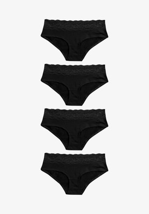 Quatre paires de culottes en coton noir avec une bordure en dentelle à la taille, présentant une texture lisse et une coupe classique de slip.