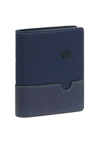 Marineblaue Brieftasche mit strukturiertem Stoffoberteil und glattem Lederunterteil, ausgestattet mit einem Kartenfach und einem dezenten Logodetail.