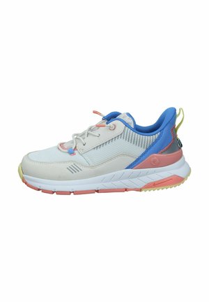 Lightweight sneaker featuring a mesh and suede upper in white, blue, and pink, with a textured sole and contrasting accents on the heel.