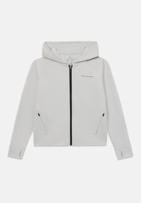 Light gray zip-up hoodie with a hood, featuring raglan sleeves, side pockets, and black zipper detailing. Material appears smooth and lightweight.